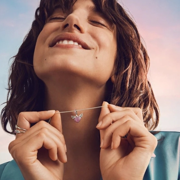 Pandora Silver Necklace with Pink Heart and Wings - Picture 2 of 6